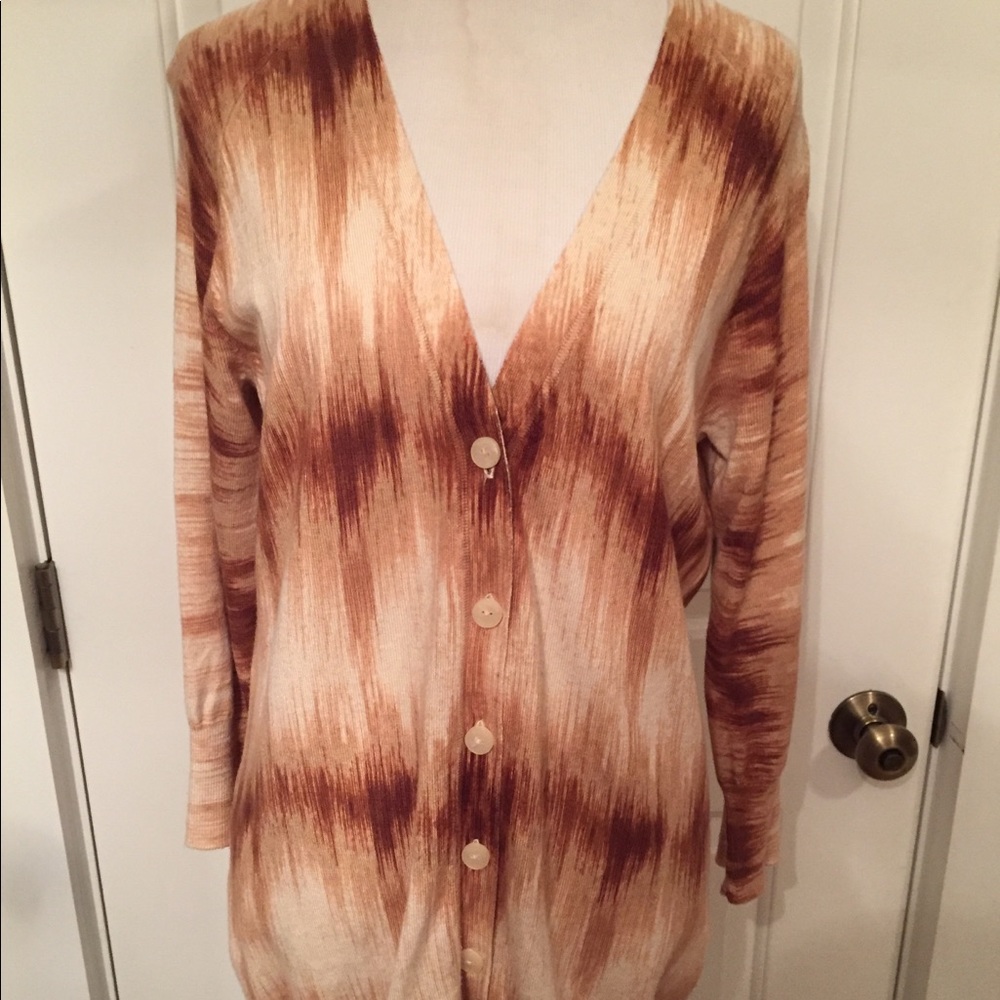 REBECCA MOSES SWEATER CARDIGAN BROWN WHITE TAN V-NECK BOYFRIEND SIZE XS